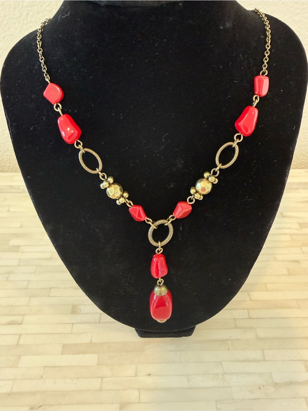 Avon Gold-Tone Necklace with Red Beads and Drop Pendant